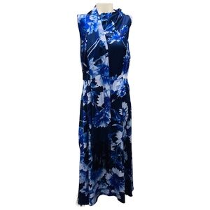 ERDEM NAVY MULTI FLORAL PRINTED MIDI DRESS WITH SASH